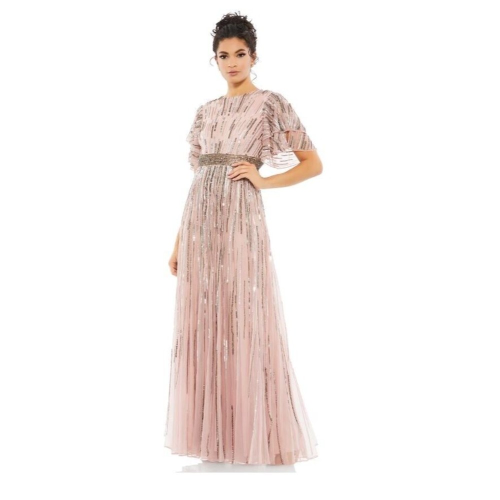 Mac Duggal Embellished Full Length Layered Sleeve Gown Sz 10 Vintage Rose 93582